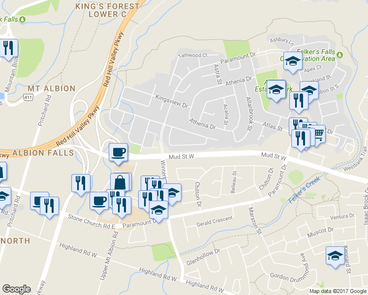 map of restaurants, bars, coffee shops, grocery stores, and more near 86 Meadow Wood Crescent in Hamilton
