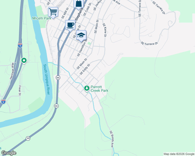 map of restaurants, bars, coffee shops, grocery stores, and more near 1518 Southeast Sanford Avenue in Roseburg