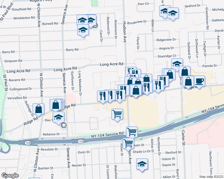 map of restaurants, bars, coffee shops, grocery stores, and more near 28 Hill Court Circle in Rochester