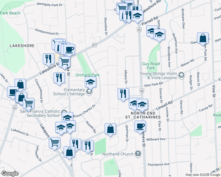 map of restaurants, bars, coffee shops, grocery stores, and more near 42 Howard Avenue in St. Catharines