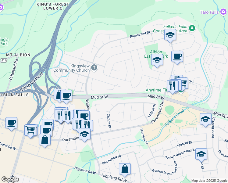 map of restaurants, bars, coffee shops, grocery stores, and more near 140 Meadow Wood Crescent in Hamilton