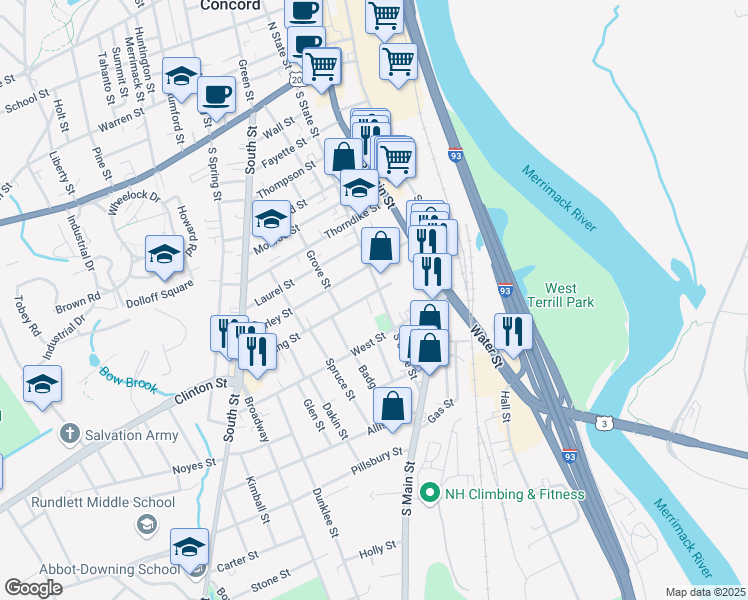 map of restaurants, bars, coffee shops, grocery stores, and more near 86 S State St in Concord