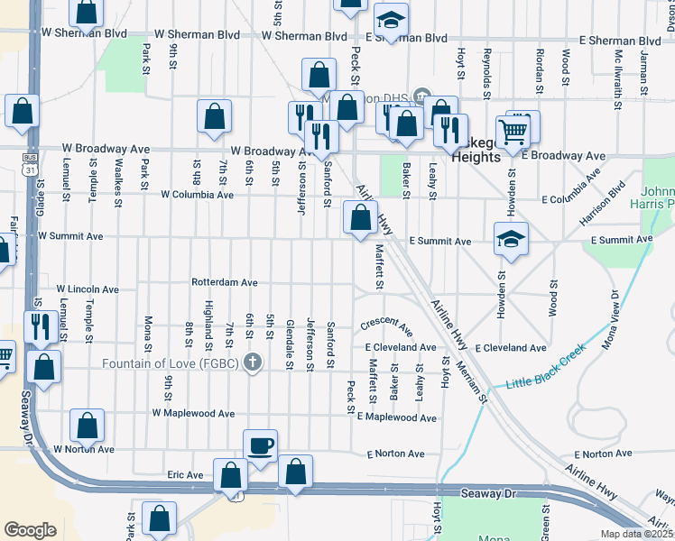 map of restaurants, bars, coffee shops, grocery stores, and more near 3028 Sanford Street in Muskegon Heights