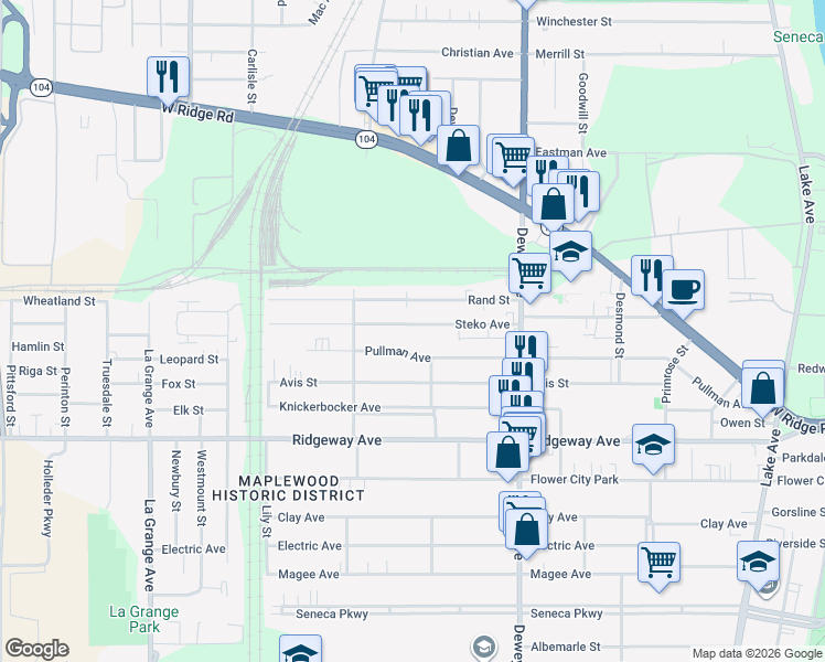 map of restaurants, bars, coffee shops, grocery stores, and more near 143 Steko Avenue in Rochester