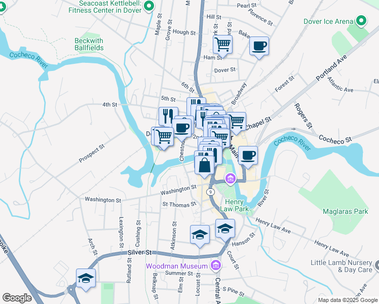 map of restaurants, bars, coffee shops, grocery stores, and more near 200 First Street in Dover