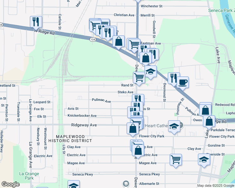 map of restaurants, bars, coffee shops, grocery stores, and more near 107 Steko Avenue in Rochester