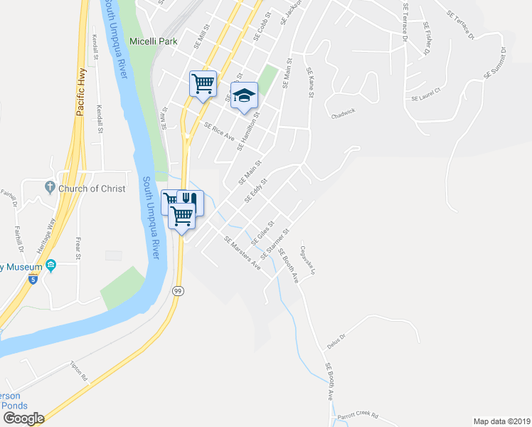 map of restaurants, bars, coffee shops, grocery stores, and more near 1737 Southeast Kane Street in Roseburg