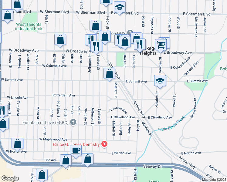 map of restaurants, bars, coffee shops, grocery stores, and more near 3029 Maffett Street in Muskegon Heights