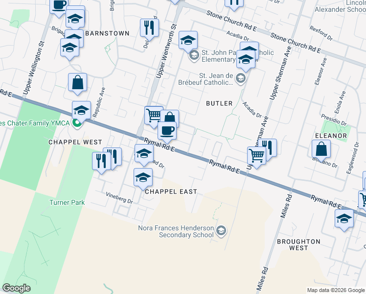 map of restaurants, bars, coffee shops, grocery stores, and more near 393 Rymal Road East in Hamilton