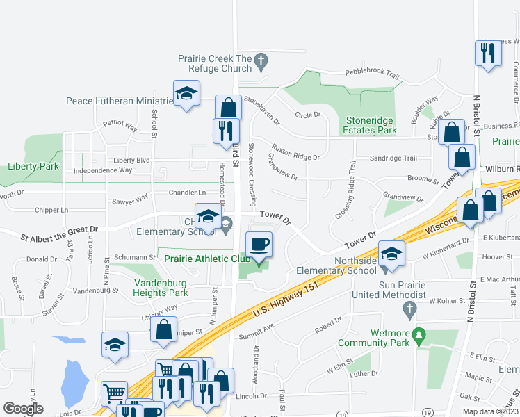 map of restaurants, bars, coffee shops, grocery stores, and more near 1101 Stonewood Crossing in Sun Prairie
