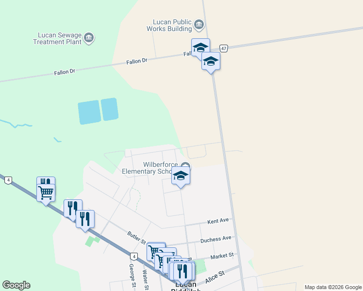 map of restaurants, bars, coffee shops, grocery stores, and more near 144 Gilmour Drive in Lucan Biddulph