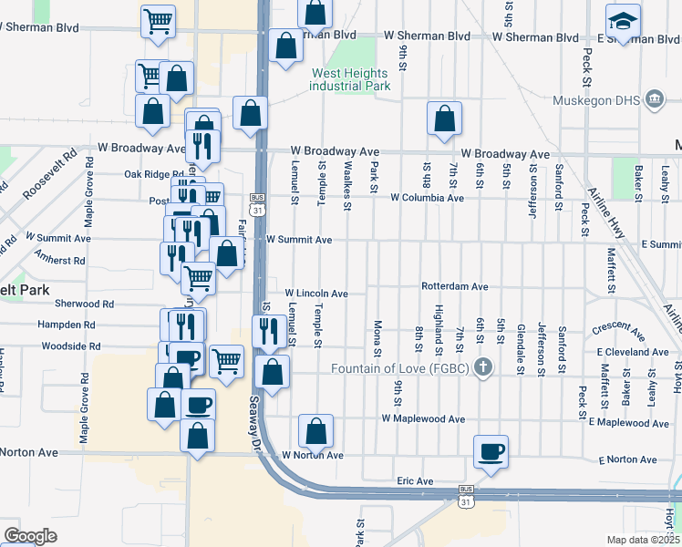map of restaurants, bars, coffee shops, grocery stores, and more near 3031 Waalkes Street in Muskegon Heights