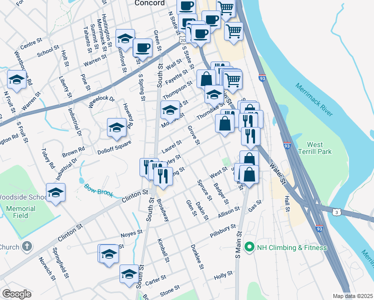 map of restaurants, bars, coffee shops, grocery stores, and more near 42 Perley Street in Concord