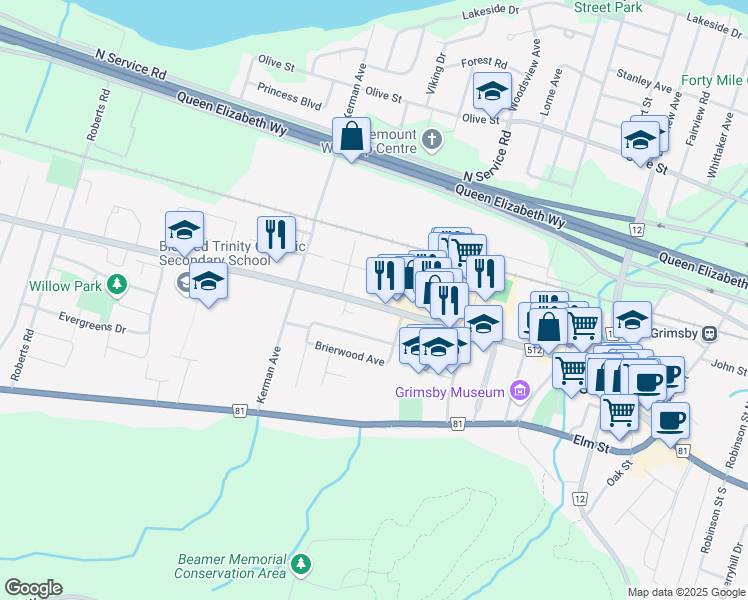 map of restaurants, bars, coffee shops, grocery stores, and more near 80 Livingston Avenue in Grimsby