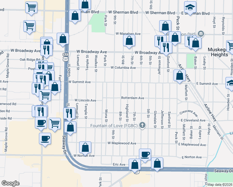 map of restaurants, bars, coffee shops, grocery stores, and more near 3028 9th Street in Muskegon Heights