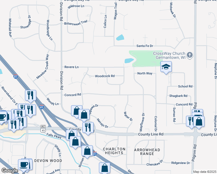 map of restaurants, bars, coffee shops, grocery stores, and more near N99W16625 Rustic Lane in Germantown