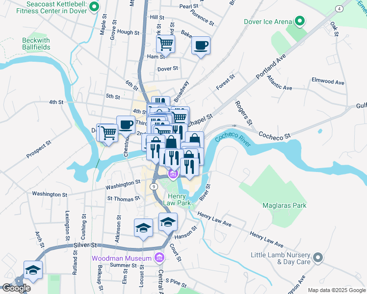 map of restaurants, bars, coffee shops, grocery stores, and more near 5 School Street in Dover