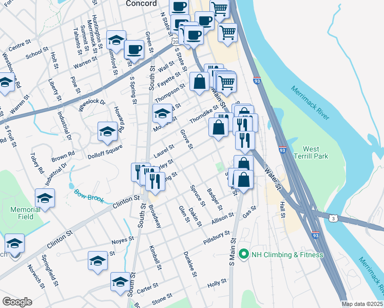 map of restaurants, bars, coffee shops, grocery stores, and more near 27 Grove Street in Concord