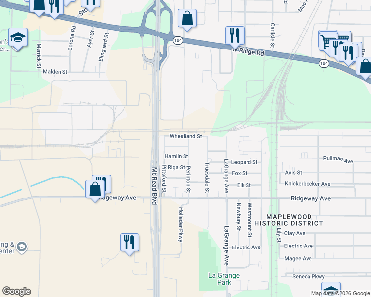 map of restaurants, bars, coffee shops, grocery stores, and more near 130 Perinton Street in Rochester