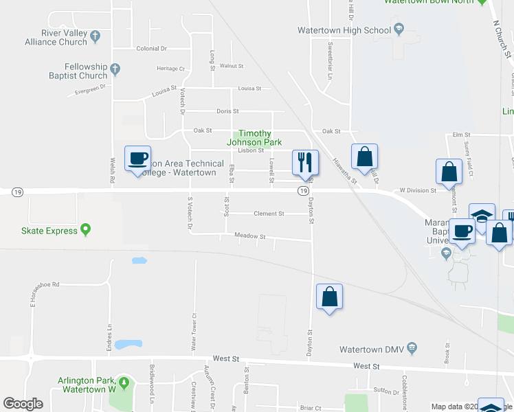 map of restaurants, bars, coffee shops, grocery stores, and more near 1023 West Main Street in Watertown