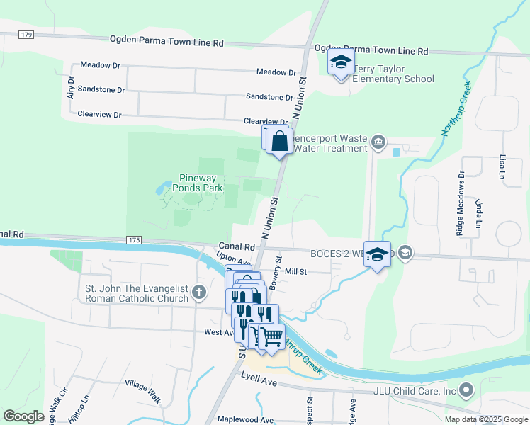 map of restaurants, bars, coffee shops, grocery stores, and more near 2257 North Union Street in Spencerport
