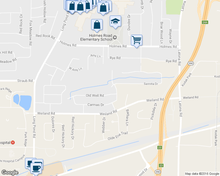 map of restaurants, bars, coffee shops, grocery stores, and more near 21 Carmas Drive in Rochester