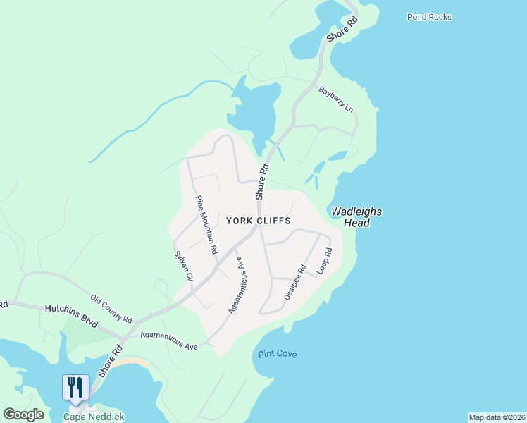 map of restaurants, bars, coffee shops, grocery stores, and more near 191 Shore Road in York