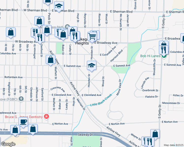 map of restaurants, bars, coffee shops, grocery stores, and more near 3028 Howden Street in Muskegon Heights
