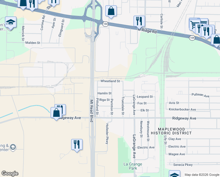 map of restaurants, bars, coffee shops, grocery stores, and more near 130 Perinton Street in Rochester