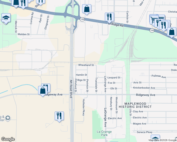 map of restaurants, bars, coffee shops, grocery stores, and more near 130 Perinton Street in Rochester