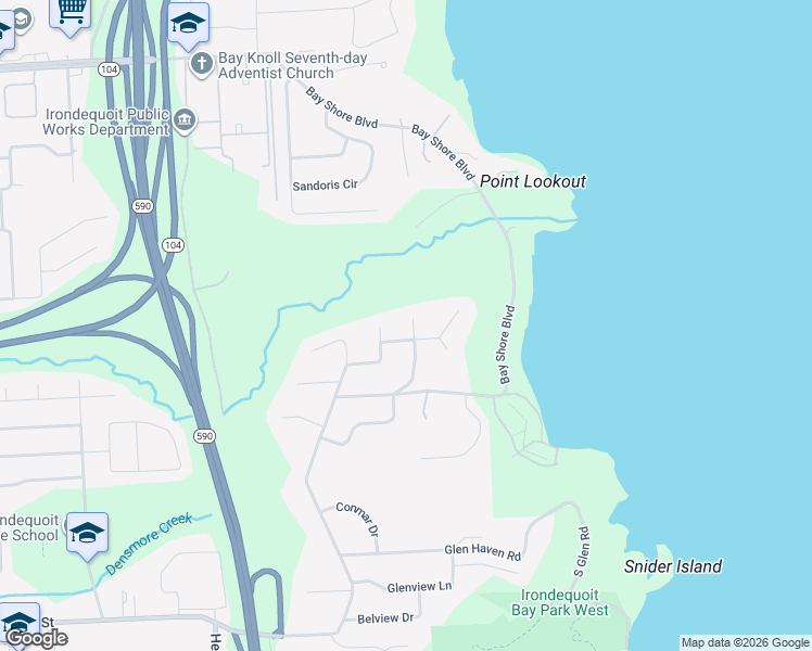 map of restaurants, bars, coffee shops, grocery stores, and more near 91 Eagle Rock Drive in Irondequoit