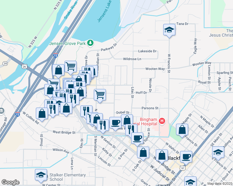 map of restaurants, bars, coffee shops, grocery stores, and more near 420 Cedar Street in Blackfoot