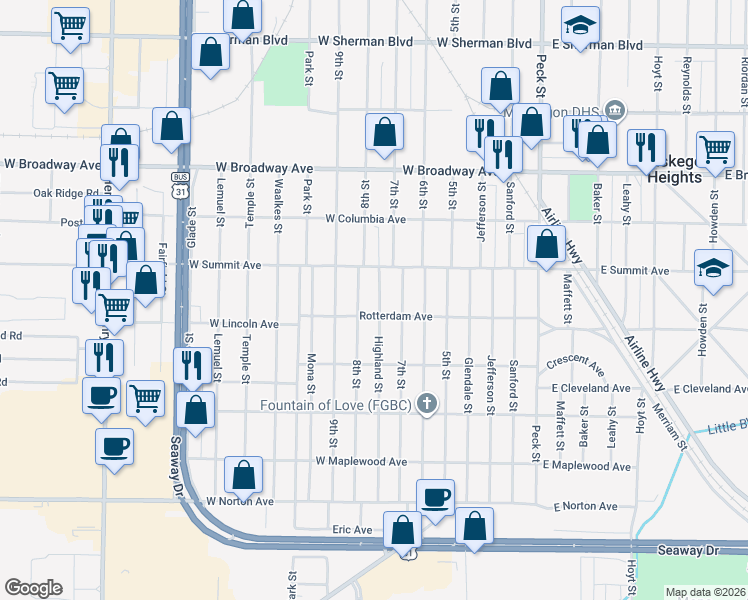 map of restaurants, bars, coffee shops, grocery stores, and more near 3027 Highland Street in Muskegon Heights