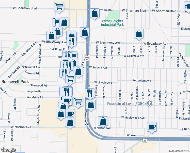 map of restaurants, bars, coffee shops, grocery stores, and more near 3031 Lemuel Street in Muskegon Heights