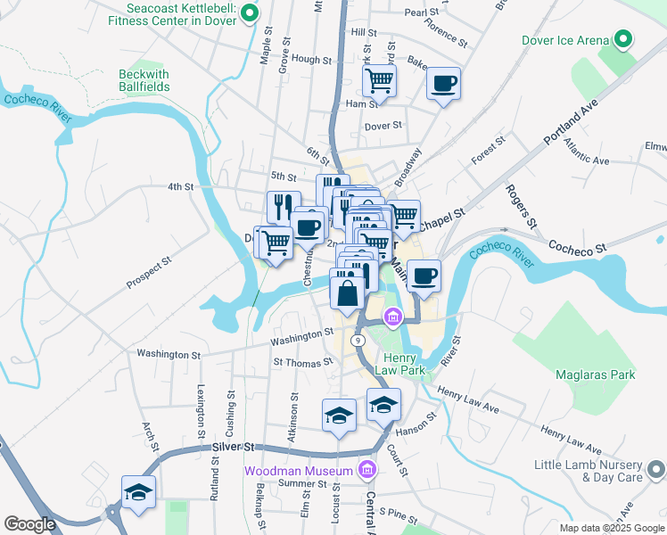 map of restaurants, bars, coffee shops, grocery stores, and more near 100 First Street in Dover