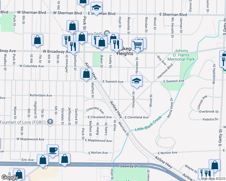 map of restaurants, bars, coffee shops, grocery stores, and more near 3024 Leahy Street in Muskegon Heights