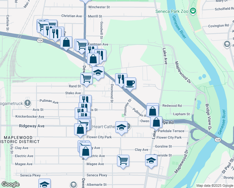 map of restaurants, bars, coffee shops, grocery stores, and more near 136 Desmond Street in Rochester