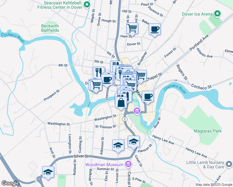 map of restaurants, bars, coffee shops, grocery stores, and more near 200 First Street in Dover