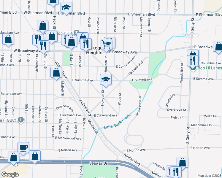 map of restaurants, bars, coffee shops, grocery stores, and more near 136 Harrison Boulevard in Muskegon Heights