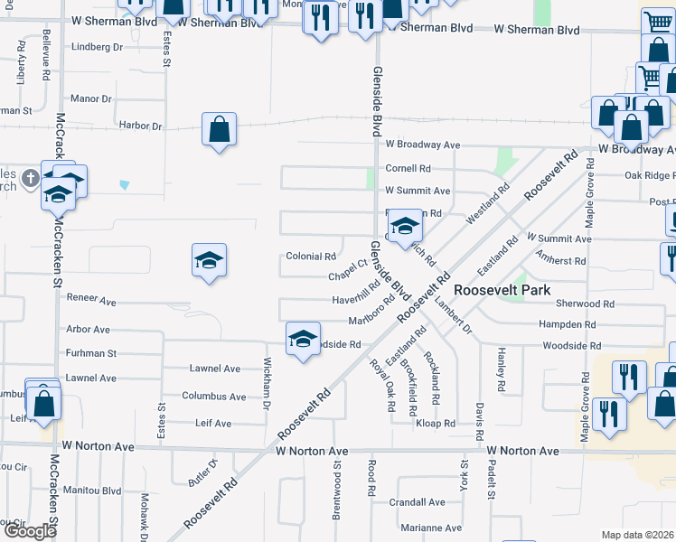 map of restaurants, bars, coffee shops, grocery stores, and more near 1460 Chapel Road in Muskegon