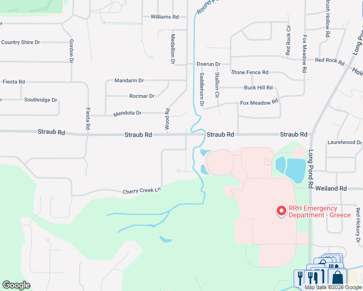map of restaurants, bars, coffee shops, grocery stores, and more near 40 Cherry Creek Lane in Rochester