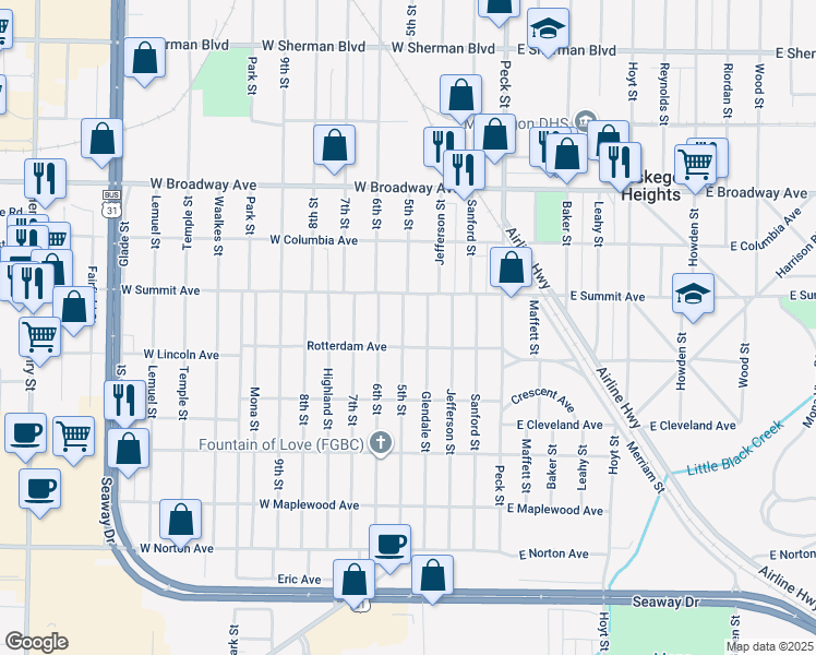 map of restaurants, bars, coffee shops, grocery stores, and more near 3024 5th Street in Muskegon Heights