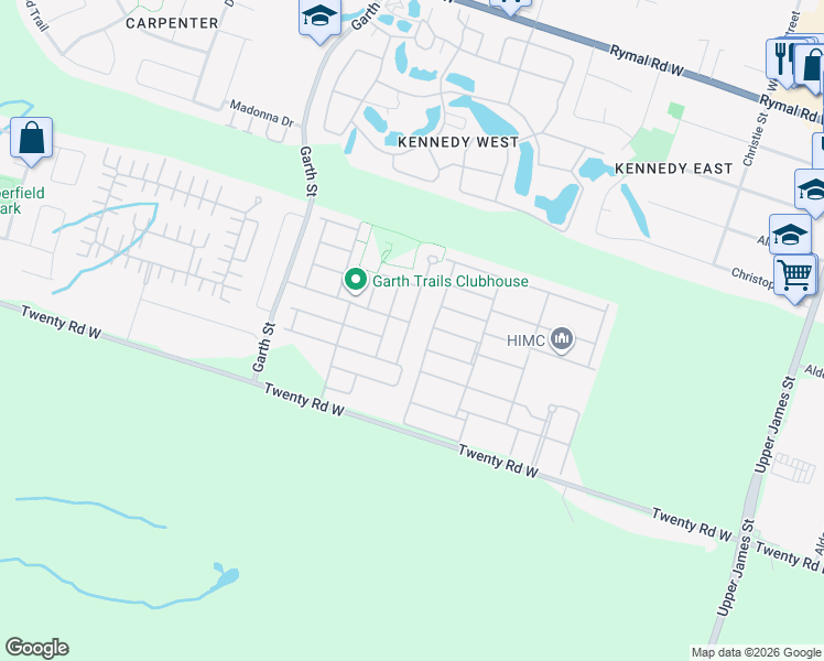 map of restaurants, bars, coffee shops, grocery stores, and more near 74 Oakhampton Trail in Hamilton
