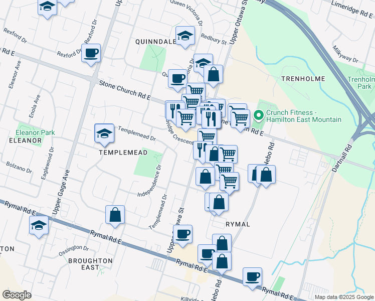 map of restaurants, bars, coffee shops, grocery stores, and more near in Hamilton