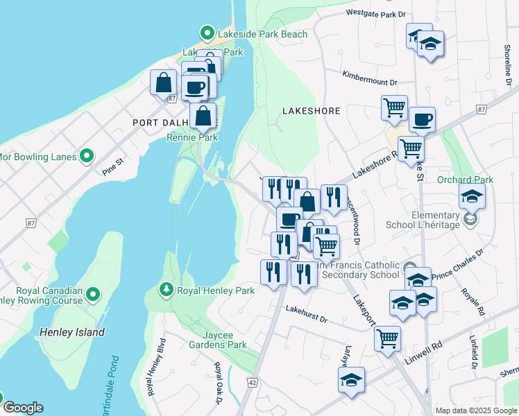 map of restaurants, bars, coffee shops, grocery stores, and more near 88 Lakeport Road in St. Catharines
