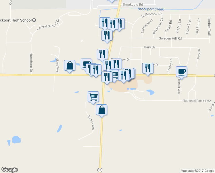 map of restaurants, bars, coffee shops, grocery stores, and more near 4820 Lake Road in Brockport
