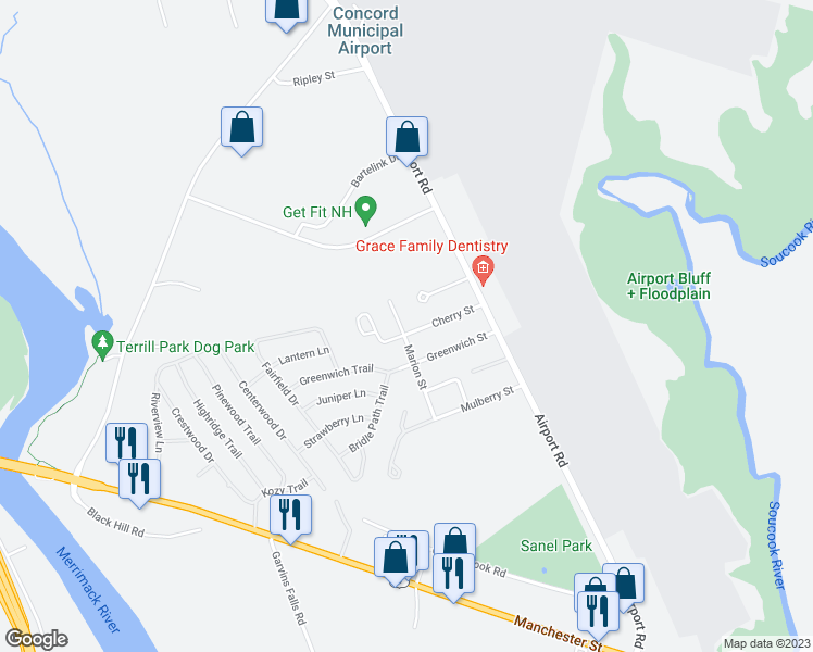 map of restaurants, bars, coffee shops, grocery stores, and more near 20 Cherry Street in Concord