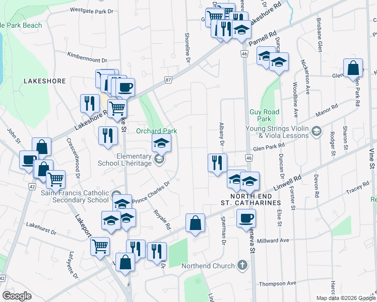 map of restaurants, bars, coffee shops, grocery stores, and more near 42 Howard Avenue in St. Catharines