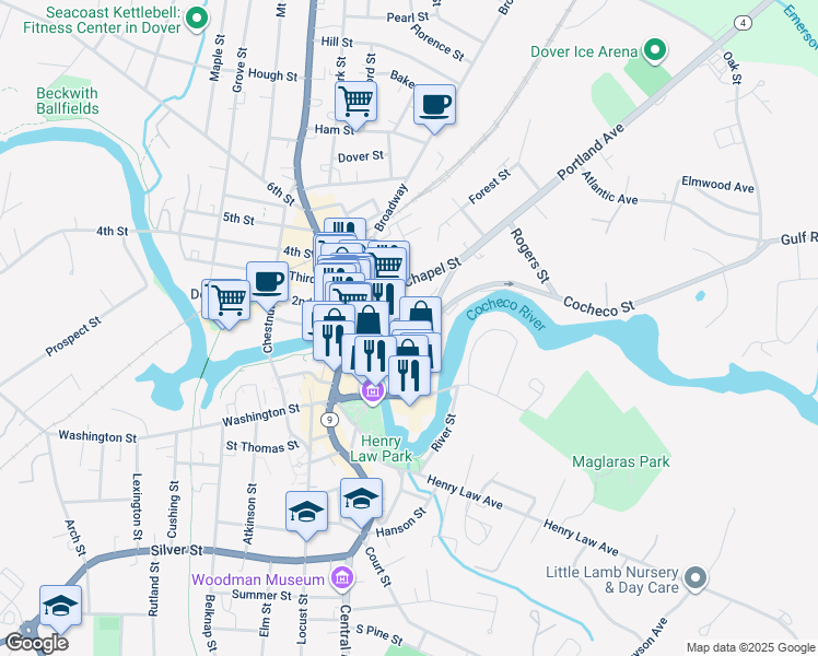 map of restaurants, bars, coffee shops, grocery stores, and more near 5 School Street in Dover