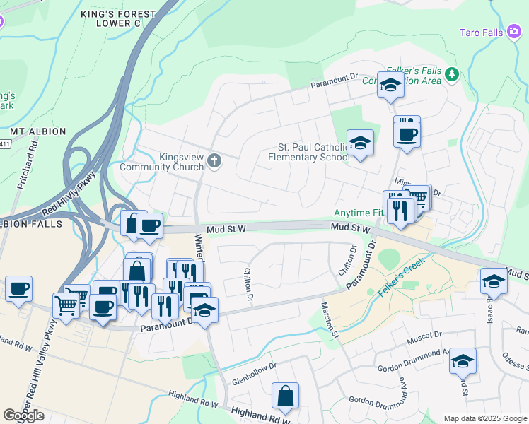 map of restaurants, bars, coffee shops, grocery stores, and more near 140 Meadow Wood Crescent in Hamilton